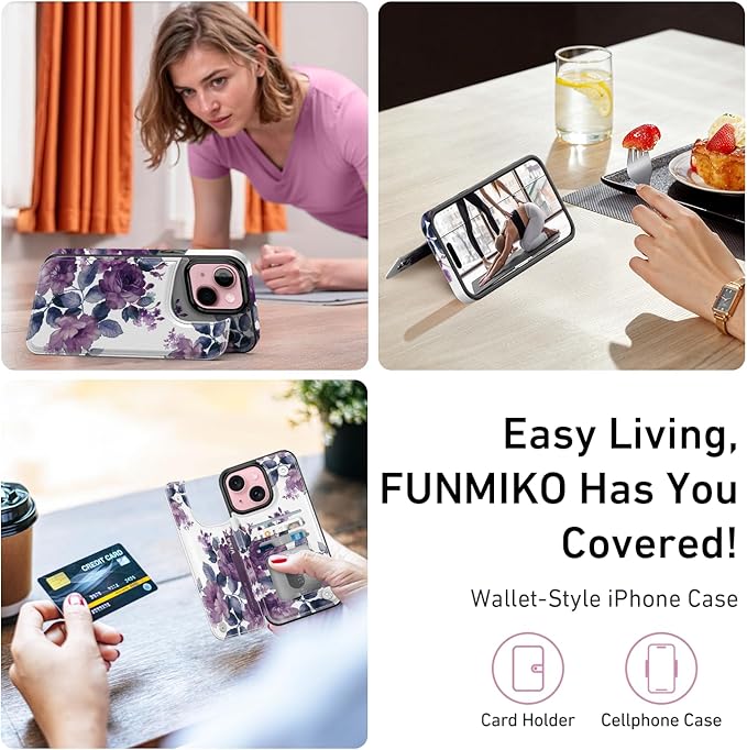 FUNMIKO for iPhone 14 Plus Wallet Case with Card Holder, RFID-Blocking, Military-Grade Protection & UV-Printed Artwork, Magnetic Closure with Leather Kickstand - Elegant Purple Floral
