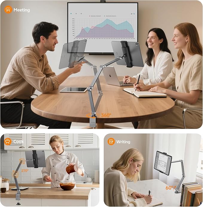 Tablet Stand iPad Phone Holder for Desk, Heavy Duty Aluminum 360° Rotating & Foldable Arm Mount Kindle Holder for Bed, Stand for iPad, Kindle, Portable Monitor, Samsung Galaxy Tab, Grey (Max 15.6")