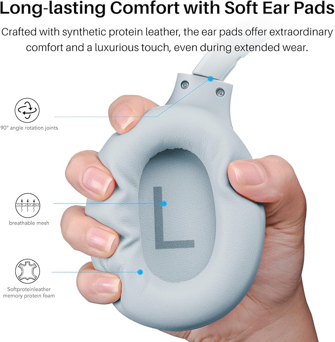 TOZO HT2 Hybrid Active Noise Cancelling Headphones, Wireless Over Ear Bluetooth Headset, 60H Playtime, Hi-Res Audio Custom EQ via App Deep Bass Comfort Fit Ear Cups, for Home Office Travel Blue