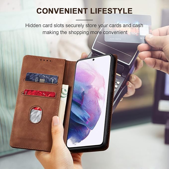 Jasonyu Wallet Case for Samsung S21 Plus, PU Leather Cover with Stand, Magnetic Folio Flip, TPU Shockproof Interior Case and Card Holder Slots, Brown