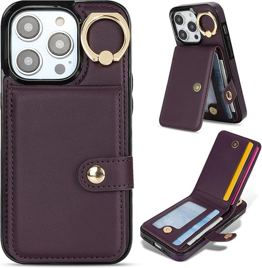 Compatible iPhone 16 Pro Wallet Case with Card Holder RFID Blocking PU Leather Doubles as a Wallet Unisex Flip Shockproof Protection with Card Slots Ring Wrist Kickstand Function,Purple
