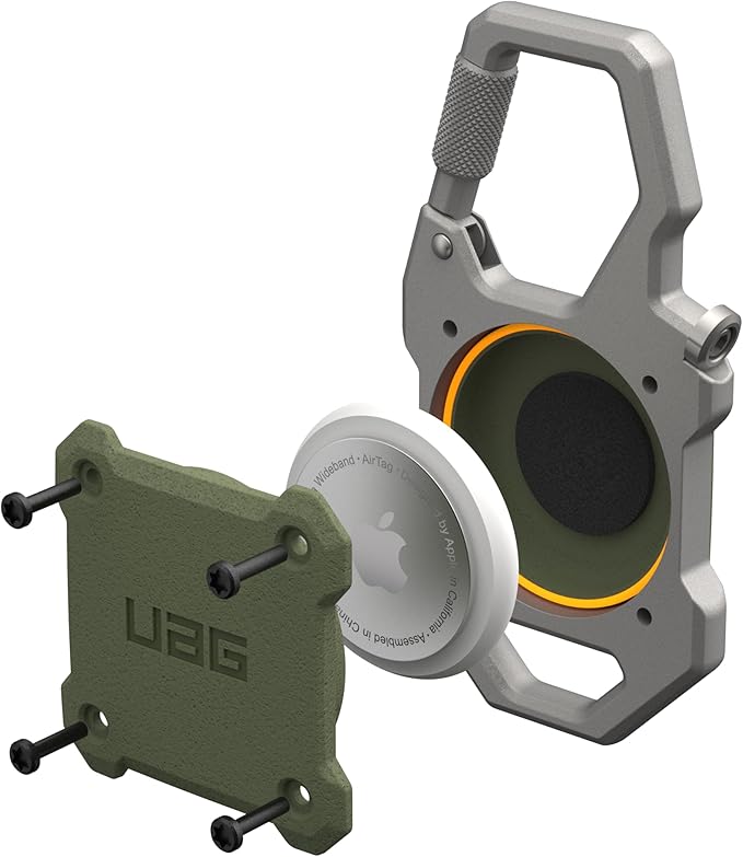 URBAN ARMOR GEAR UAG Designed for AirTag Case with Built-in Bottle Opener Monarch - Hard Shell Lock Case AirTag Holder with Durable Locking Carabiner for Keys, Luggage & Bags, Olive Drab/Silver