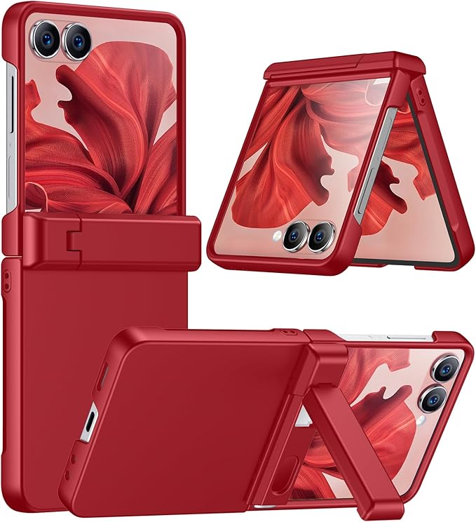 Temdan for Samsung Galaxy Z Flip 7 Case with [Built-in Front Screen Protector] [Kickstand][Hinge Protection][Hard PC] Ultra-Thin Shockproof Protective Phone Case for Galaxy Z Flip 7-Red