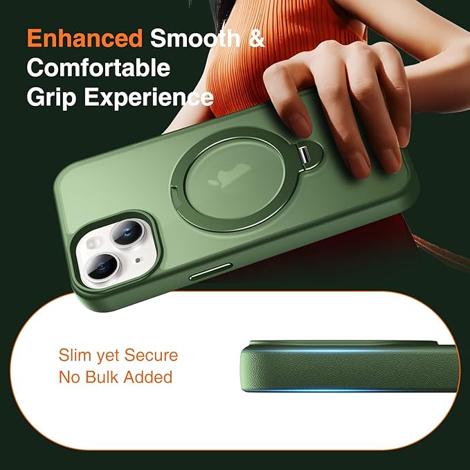 360° O-Ring MagStander for iPhone 15 Case with Magnetic Kickstand Ring Holder [Compatible with MagSafe][360°Rotate Stand Ring][Military Shockproof] Magnet iPhone 15 Phone Cover Matte Green