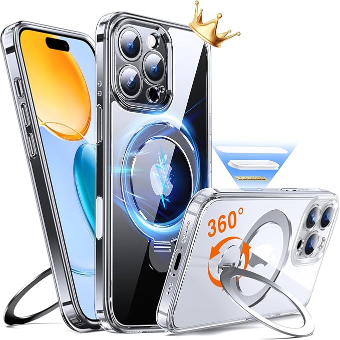 360° O-Ring MagStander for iPhone 16 Pro Case with Magnetic Kickstand Ring Holder [Compatible with MagSafe][360°Rotate Stand Ring][Military Shockproof] iPhone 16 Pro Phone Cover Clear