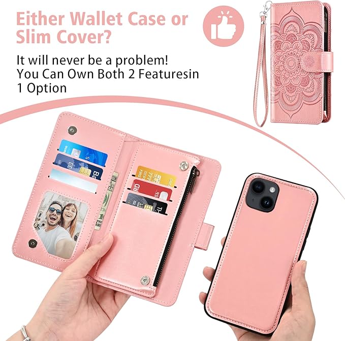 Asuwish Phone Case for iPhone 14 6.1 inch Zipper Wallet Detachable Cell Cover with Tempered Glass Screen Protector Crossbody Strap Flower Card Holder iPhone14 5G i i-Phone i14 14Case Women Rose Gold