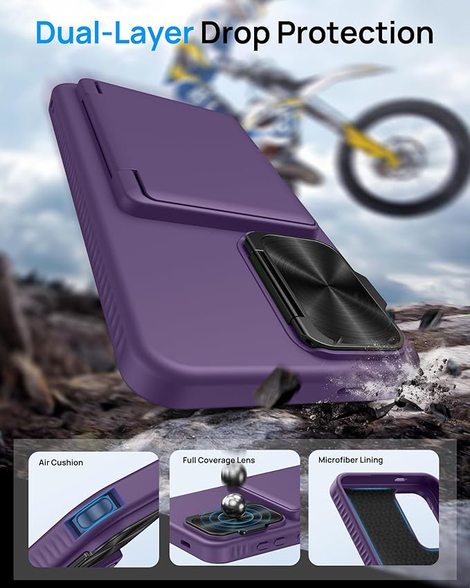 for Samsung Galaxy S24 Fe Case with Kickstand & Card Holder & Camera Lens Cover, Military Grade Drop Protection Shockproof Rugged Stand Wallet Phone Case for Galaxy S24 Fe 6.7" 2024, Purple