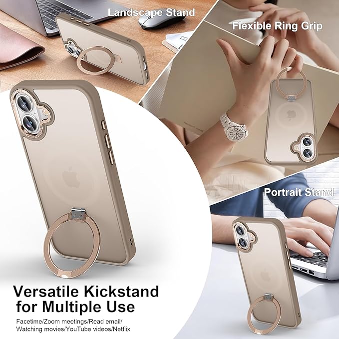 Magnetic for iPhone 16 Case with Ring Stand, [10 FT Drop Protection] [Velvety Touch] Slim Translucent Matte Back Shockproof Phone Case for iPhone 16 6.1'', Bronze