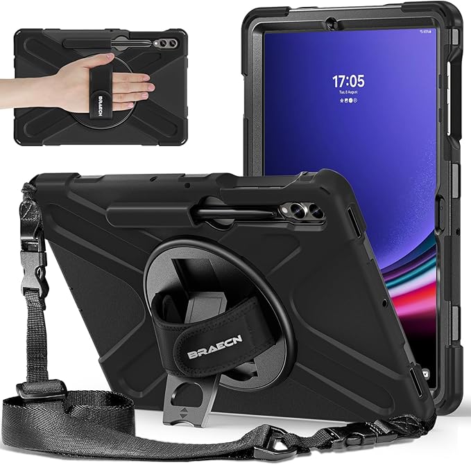 BRAECNstock for Samsung Galaxy Tab S10+ Plus/ S9 FE+ Plus/ S9+ Plus/ S8+ Plus/ S7 FE/ S7+ Plus 5G Tablet Case 12.4 inch Shockproof Protective Case with Pen Holder Rotating Stand & Hand Strap - Black