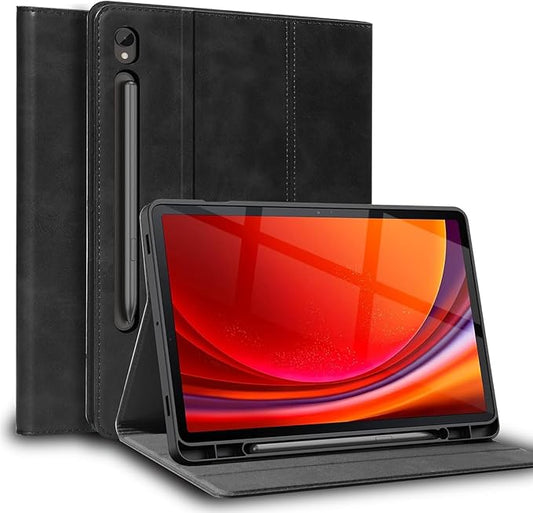 for Samsung Galaxy Tab S9 11inch and S9/S10 FE 10.9inch Case with S Pen Holder 2023/2025(X710/X716/X718/X510/X516/X518/X520/X526) Genuine Leather Cover Protective Shell,Auto Wake/Sleep.Black