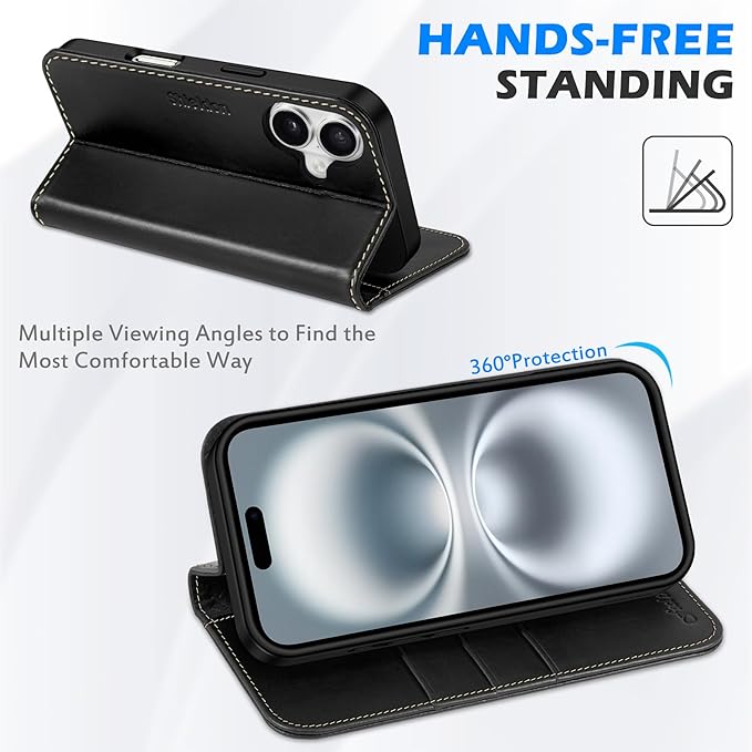 SHIELDON Case for iPhone 16 6.1" 2024, Genuine Leather Flip Wallet Case Magnetic RFID Blocking Card Holder Kickstand Shockproof TPU Protective Phone Cover Compatible with iPhone 16 - Retro Black