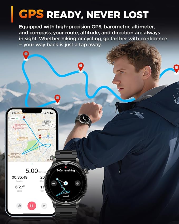 Smart Watches for Men Women with GPS & Compass, 1.52" AMOLED Smartwatch, Fitness Activity Tracker Watches with 170+ Sport Modes Sleep Monitor Step Counter for Android iPhone (Black, 1.52)