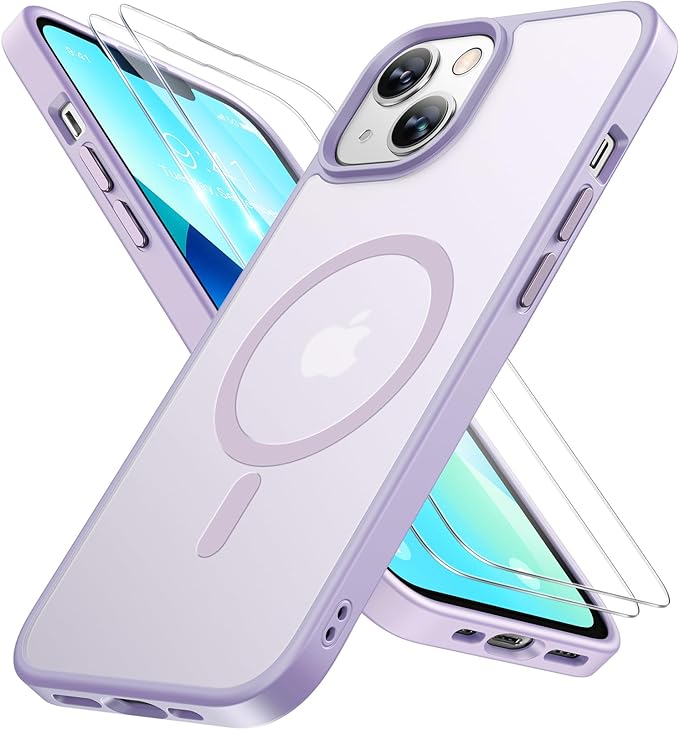 Miracase Magnetic for iPhone 13 Case 6.1 inch (Compatible with MagSafe)（with 2X Screen Protectors） Military-Grade Protection, Anti-Fingerprint Translucent Matte Phone Case Cover, Light Purple