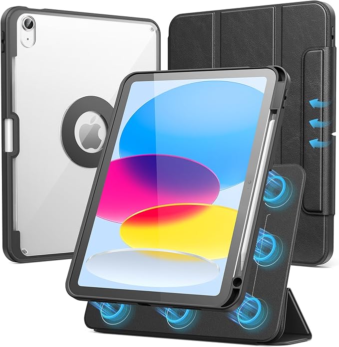 SPARIN Case for iPad A16 11th 10th Generation 2025/2022 (11"/10.9") with Pencil Holder, Magnetic Detachable Hybrid Stand, Portrait/Landscape Angle, Clear Protective Case, Auto Wake/Sleep-Black