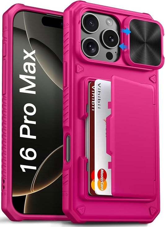 Vihibii for iPhone 16 Pro Max Case Wallet with Card Holder (4 Cards) [RFID Blocking] & Slide Camera Cover & Raised Edges Protect Screen, Shockproof Rugged Cover for iPhone 16 Pro Max, 6.9", Pink
