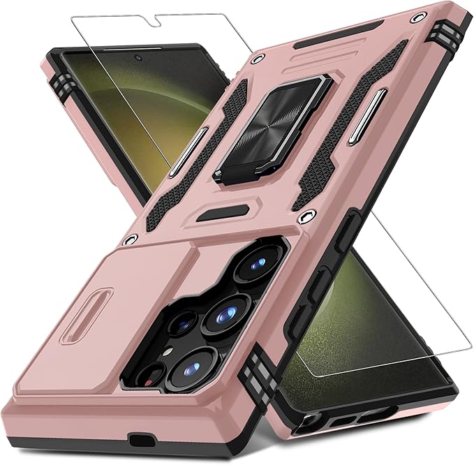 DEERLAMN Case for Samsung Galaxy S25 Ultra with Slide Camera Cover+Screen Protector (1 Pack), Rotated Ring Kickstand Military Grade Shockproof Protective Cover-Rose Gold