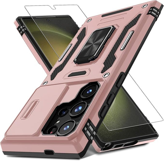 DEERLAMN Case for Samsung Galaxy S25 Ultra with Slide Camera Cover+Screen Protector (1 Pack), Rotated Ring Kickstand Military Grade Shockproof Protective Cover-Rose Gold