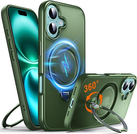 360° O-Ring MagStander for iPhone 16 Case with Magnetic Kickstand Ring Holder [Compatible with MagSafe][360°Rotate Stand Ring][Military Shockproof] Magnet iPhone 16 Phone Cover Matte Green