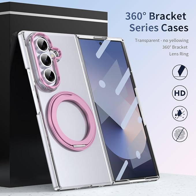 for Samsung Galaxy Z Fold 7 Case with Magnetic Ring Holder, 360 Rotating Bracket, Built-in Front Screen Len Protector, Anti-Yellowing & Anti-Fingerprint Crystal Clear Case.(Pink)