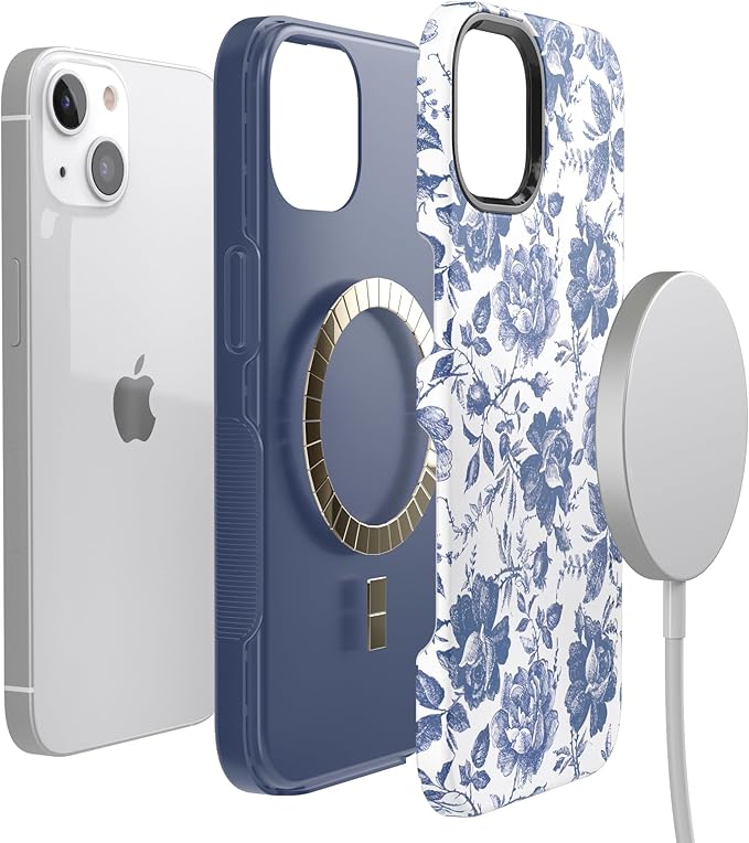 Casely iPhone 14 Case | Rose to Fame | Blue & White Rose Floral | Compatible with MagSafe | Bold Protective Design
