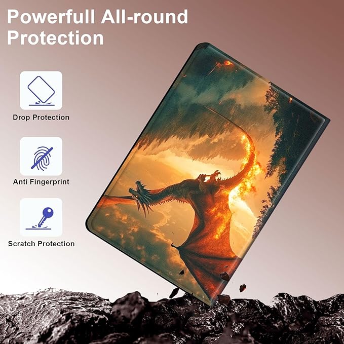 Case for Samsung Galaxy Tab S10 Plus/ S9 FE Plus/ S9 Plus 5G Tablet 12.4'', Slim PU Leather Stand Cover with Auto Wake/Sleep, Multi-Angle Viewing & Shockproof, Dragon Forest Flames