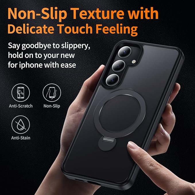 for Samsung Galaxy S24+ Plus Case,Compatible with Magsafe,with 360°Rotatable Magnetic Ring Stand [Wireless Charging],Matte Translucent Slim Soft Edge Phone Kickstand,Black