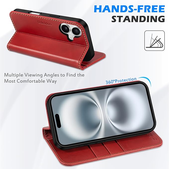SHIELDON Case for iPhone 16 5G 2024, Genuine Leather Foldable Wallet Case Magnetic Closure Kickstand RFID Blocking Card Holder Shock-Absorbent Phone Cover Compatible with iPhone 16 6.1" - Retro Red