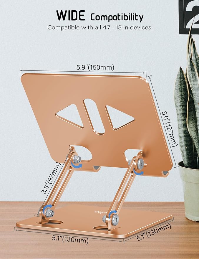 Tablet Stand Holder for Desk Adjustable Tablet Holder, Foldable Aluminum Desktop Tablet Holder for iPad Samsung Galaxy Tabs Amazon Kindle Fire,All Tablets 4-12 inch, Gold