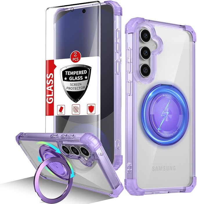 for Samsung Galaxy S24 FE Case Compatible with Magnetic Wireless Charging with 2 Screen Protectors, Galaxy S24 FE Case Built-in Kickstand Ring Military Grade Drop Protection Shockproof Purple