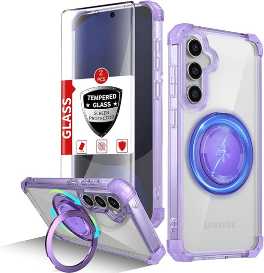 for Samsung Galaxy S24 FE Case Compatible with Magnetic Wireless Charging with 2 Screen Protectors, Galaxy S24 FE Case Built-in Kickstand Ring Military Grade Drop Protection Shockproof Purple