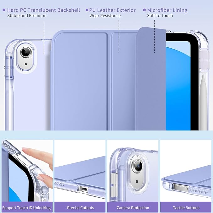 MoKo for iPad (A16) 11th Generation Case 11 Inch 2025, iPad 10th Gen Case 10.9 Inch 2022 with Pencil Holder, Slim Light Trifold Protective Cover with Hard PC Translucent Back Shell, LavenderPurple