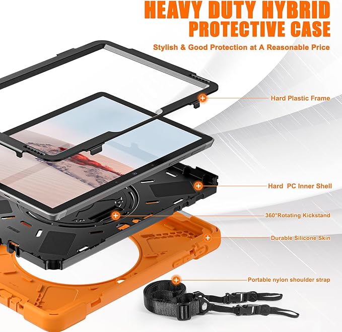 ZenRich Rugged Case for Surface Go with Pen Holder, Heavy Duty Shockproof Case with Stand, Hand Strap and Shoulder Belt - Orange