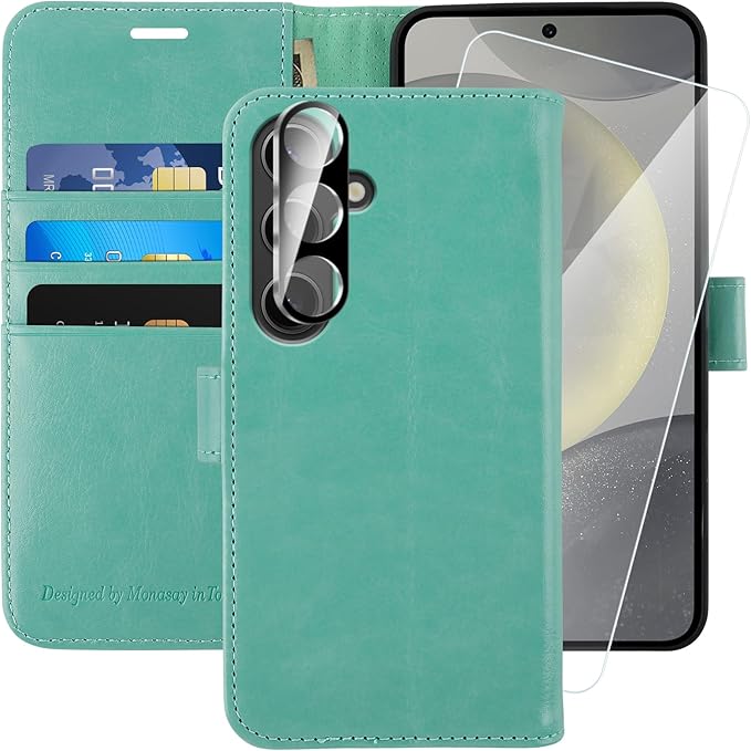 MONASAY Wallet Case Fit for Samsung Galaxy S24+ Plus 5G, [Lens & Glass Screen Protector Included] [RFID Blocking] Flip Folio Leather Cell Phone Cover with Credit Card Holder，6.7 inch, Mint