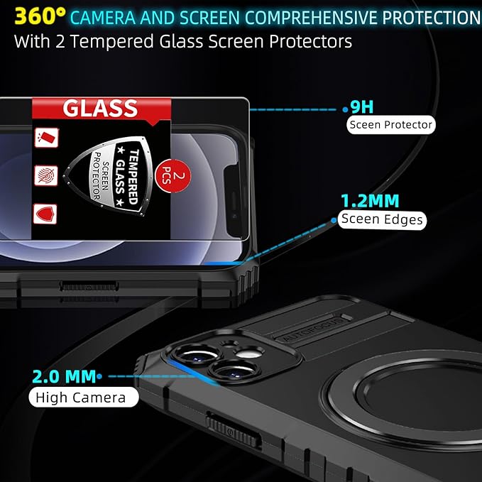 for iPhone 12 Case Magnetic Compatible with MagSafe Wireless Charging,with 2 Screen Protectors,Built-in Kickstand Ring,Shockproof Shock-Absorbent Scratch Resistant Heavy Duty Protection Black