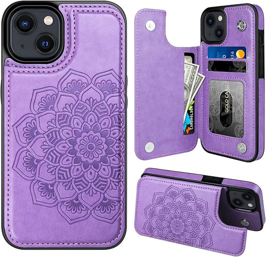 MMHUO for iPhone 14 Case with Card Holder, Flower Magnetic Back Flip Case for Women, Protective Case Phone Case for iPhone 14, Purple
