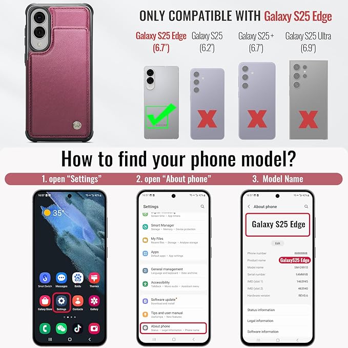 Vinich for Samsung Galaxy S25 Edge Wallet Case with Card Holder, RFID Blocking Credit Slots Kickstand Shockproof Phone Cover for Women Men, Wine Red