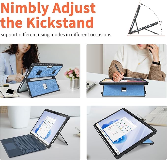 Case fit Microsoft Surface Pro 11/10/9/8 13-Inch, with Stent Cover, Hand Strap, All-in-one Rugged Case Compatible with Type Cover Keyboards, Blue