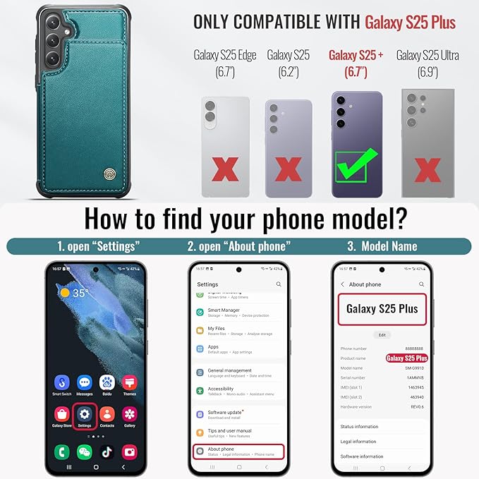 Vinich for Samsung Galaxy S25 Plus Wallet Case with Card Holder, RFID Blocking Credit Slots Kickstand Shockproof Phone Cover for Women Men, Bluish Green