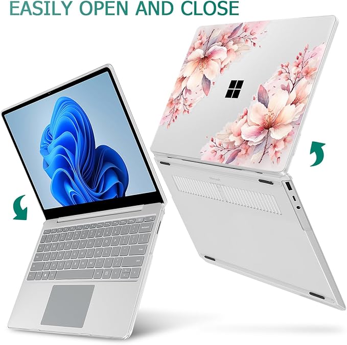 Tuiklol Case for 12.4 Inch Microsoft Surface Laptop Go 3/2 / 1 2023-2020 Releases, Plastic Hard Shell Case with Screen Protector and Keyborad Cover +Dust Plugs Model 2013/1943,Pink Big Flower