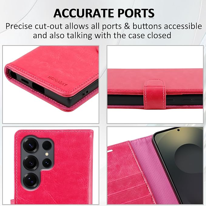 MONASAY Wallet Case Fit for Samsung Galaxy S25 Ultra 6.9 inch, [Lens & Glass Screen Protector Included] [RFID Blocking] Flip Folio Leather Cell Phone Cover with Credit Card Holder, Hot-Pink