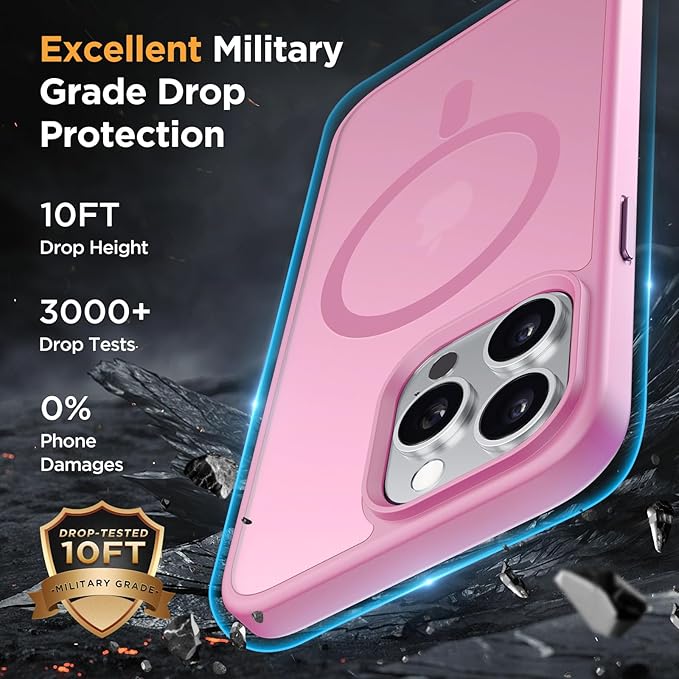Miracase Magnetic for iPhone 15 Pro Max Case 6.7 inch (Compatible with MagSafe)（with 2X Screen Protectors） Military-Grade Protection, Anti-Fingerprint Translucent Matte Phone Cover, Mes Pink