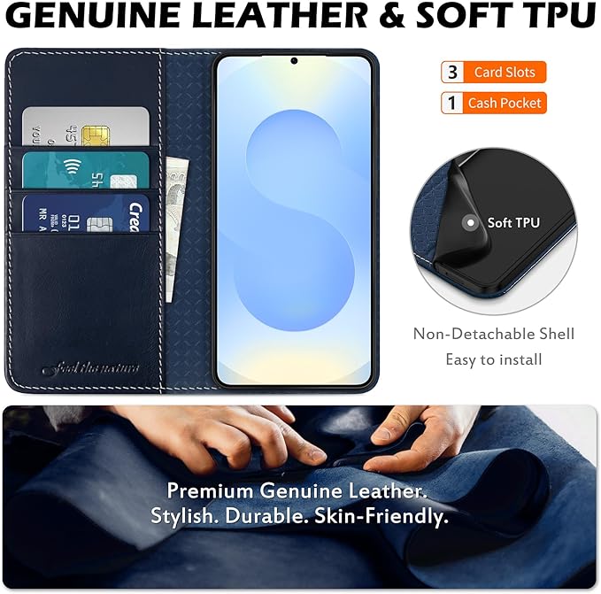 SHIELDON Case for Galaxy S25 5G 6.2", Genuine Leather Wallet Flip Book RFID Blocking Card Holder Kickstand Shock Absorbing Protection Case Compatible with Galaxy S25 2025 - Retro Dark Blue