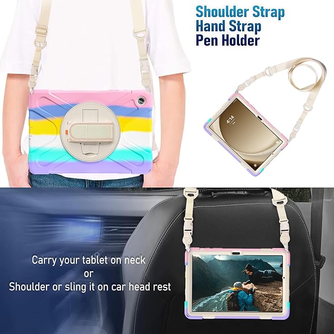 TSQQST Case for A9+ Plus 11" 2023 for Kids Girls with Screen Protector Stand&Hand Shoulder Strap | Rugged Protective Case for A9 Plus Tablet SM-X210/X216/X218-Rainbow Pink