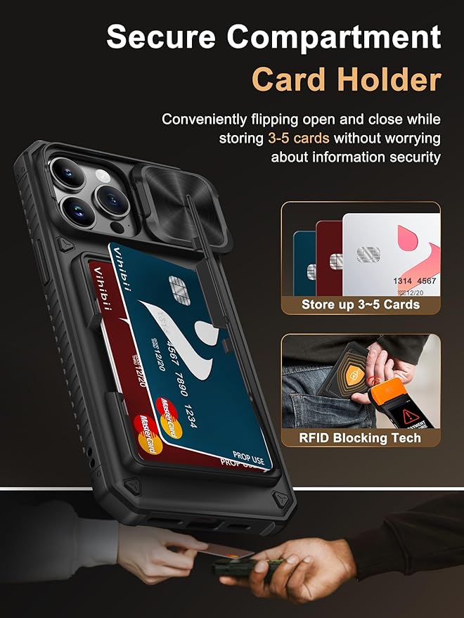 Vihibii for iPhone 14 Pro Max Case with Crossbody Lanyard Strap, Build-in Card Holder (4 Cards) [RFID Blocking] & Slide Camera Cover, Military Grade Drop Protection, Hard Back & Soft Edge Case, Black