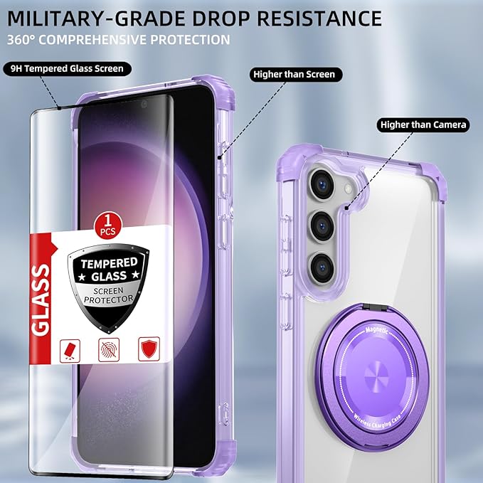 for Samsung Galaxy S23 Case Magnetic Compatible with MagSafe Wireless charging,with 360°Kickstand Ring,for S23 Phone Case with Screen Protector,Military Grade Drop Protection Shockproof Purple
