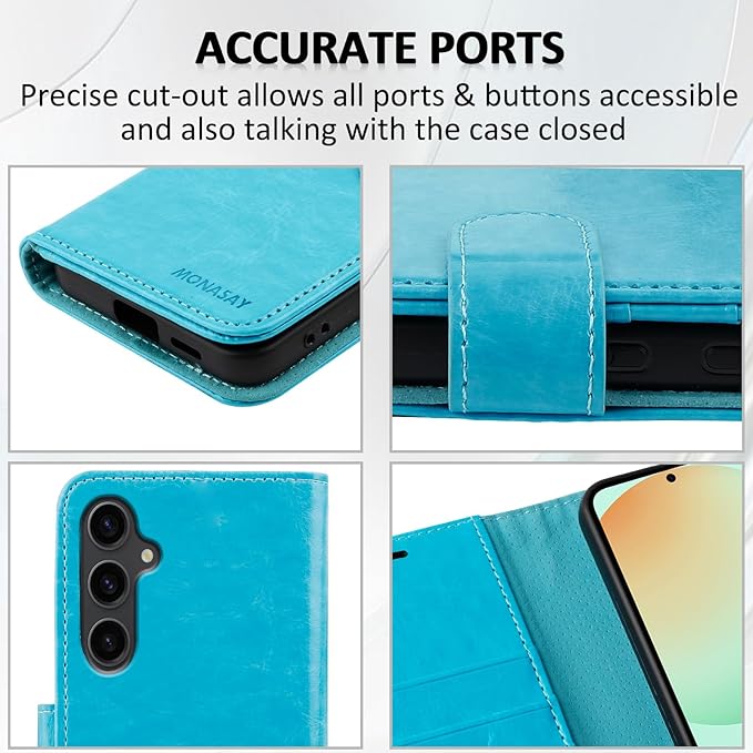 MONASAY Wallet Case Fit for Samsung Galaxy S24 FE 6.1 inch 5G,[RFID Blocking] Flip Folio Leather Cell Phone Cover with Credit Card Holder, Light Blue