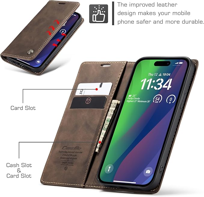 for iPhone 15 Plus Case, Flip Wallet Leather Case with Card Holder Magnetic Closure Shockproof Kickstand Protective Phone Cases Cover for iPhone 15 Plus, Coffee