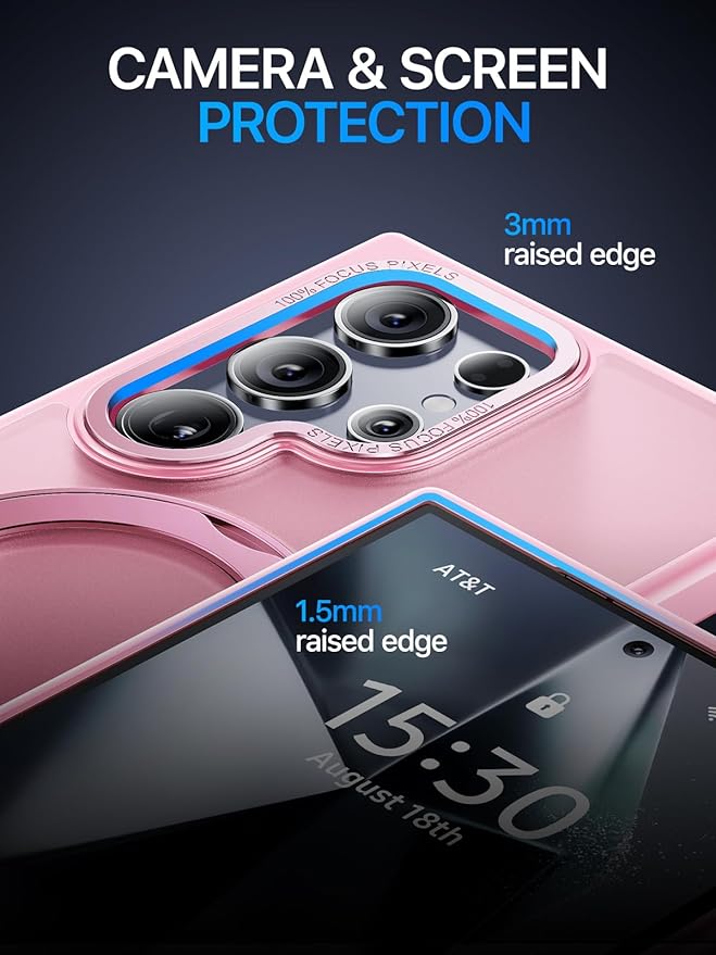 QTlier for Samsung Galaxy S24 Ultra - 360 Rotatable Magnetic Ring Stand Case, Military-Grade Protection, Raised Camera Frame, Pink