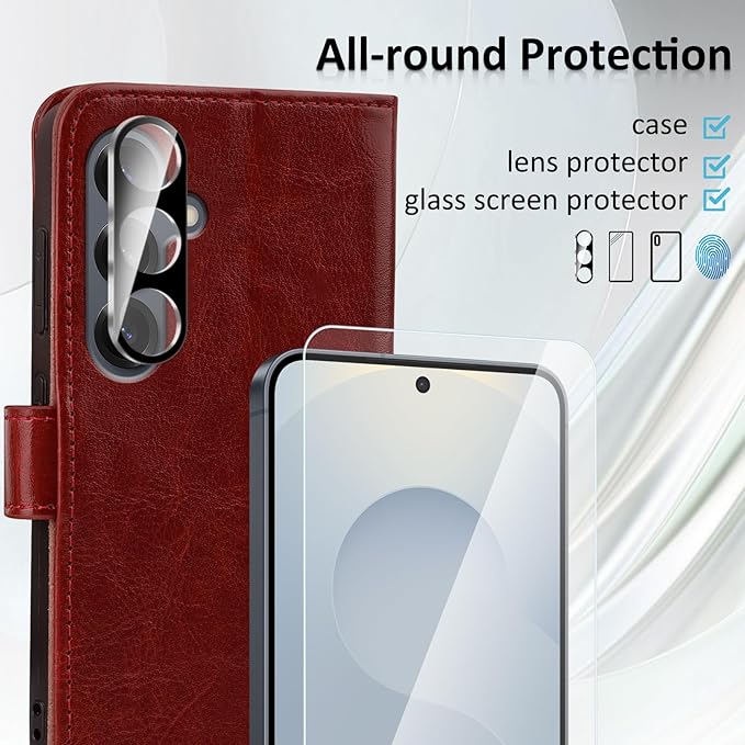 MONASAY Wallet Case Fit for Samsung Galaxy S25+ Plus 5G, [Lens & Glass Screen Protector Included] [RFID Blocking] Flip Folio Leather Cell Phone Cover with Credit Card Holder, 6.7 inch, Burgundy