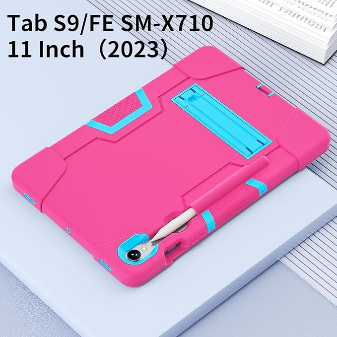 case for Galaxy Tablet S9 FE & S9 2023 (SM-X710/X718U/X716B/X510/X516B), Soft Silicone & Hard Pc 3-Layer Military Protector Cover for Tab S10 FE/S8/S7 with S-Pen Holder Stand Rose Red+Blue